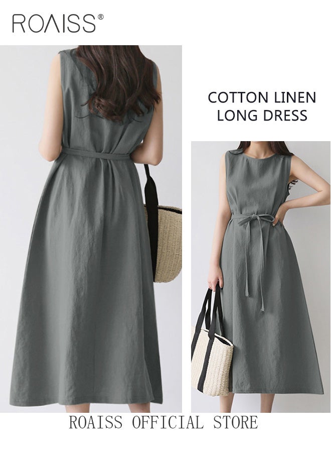 Ladies Comfortable High-Waist Dress for Daily Commute - Sleeveless Cotton Linen Dress with Simple Design and Soothing Solid Color Featuring Waist Design and Round Neckline