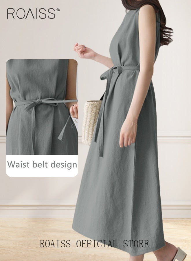 Ladies Comfortable High-Waist Dress for Daily Commute - Sleeveless Cotton Linen Dress with Simple Design and Soothing Solid Color Featuring Waist Design and Round Neckline
