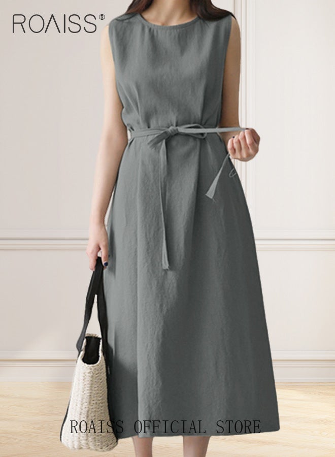 Ladies Comfortable High-Waist Dress for Daily Commute - Sleeveless Cotton Linen Dress with Simple Design and Soothing Solid Color Featuring Waist Design and Round Neckline