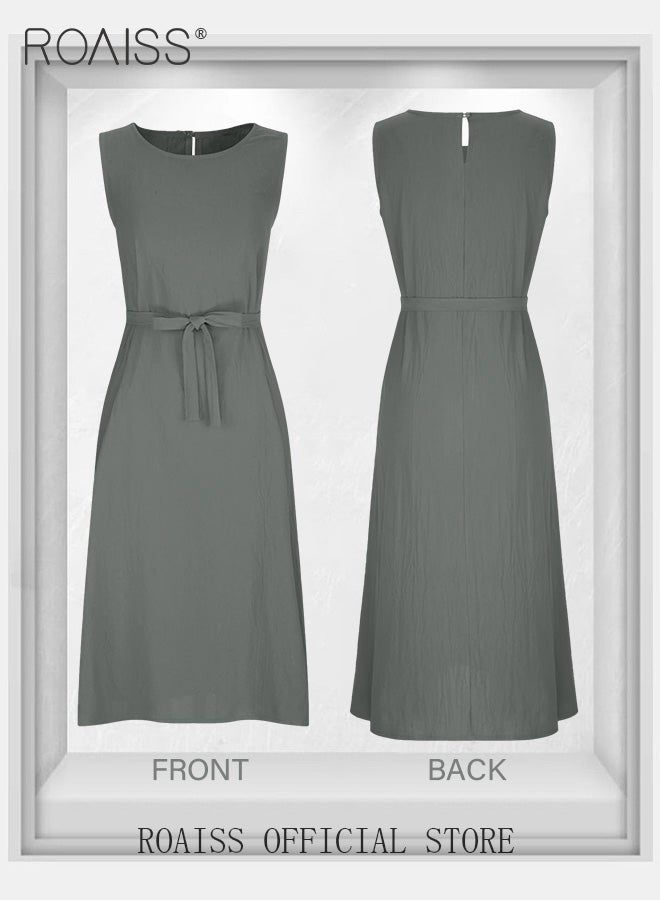 Ladies Comfortable High-Waist Dress for Daily Commute - Sleeveless Cotton Linen Dress with Simple Design and Soothing Solid Color Featuring Waist Design and Round Neckline