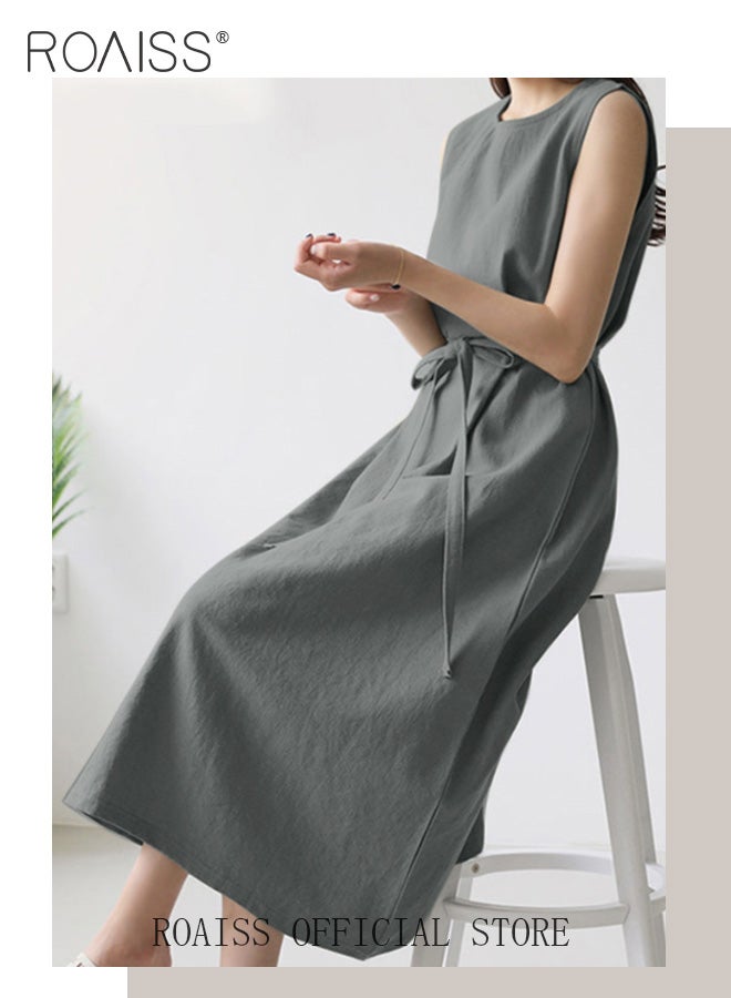 Ladies Comfortable High-Waist Dress for Daily Commute - Sleeveless Cotton Linen Dress with Simple Design and Soothing Solid Color Featuring Waist Design and Round Neckline