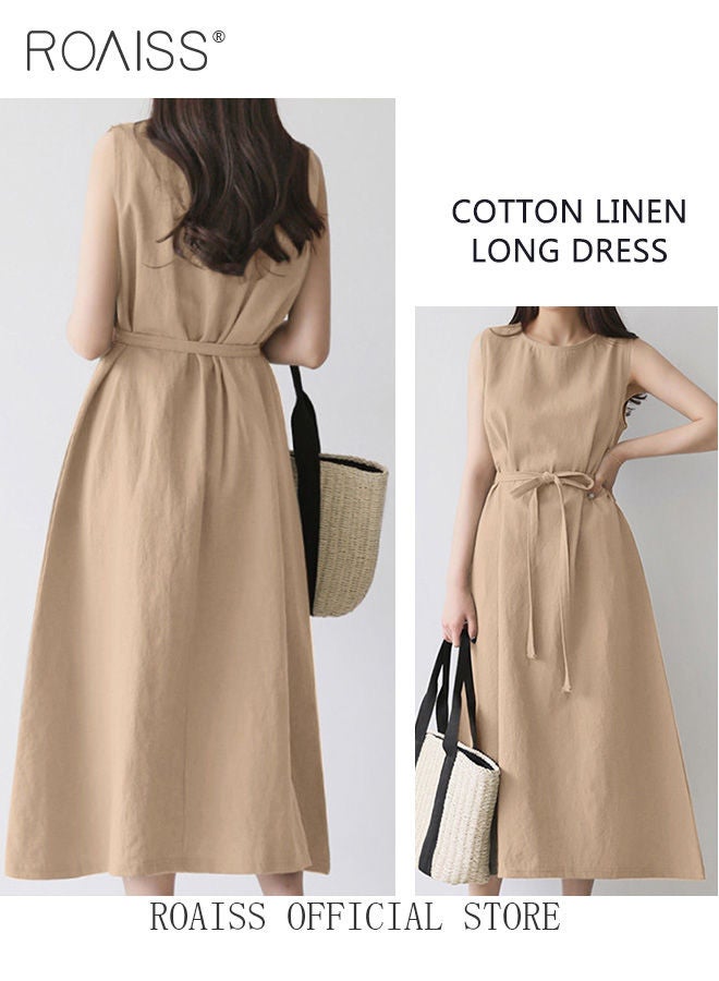 Ladies Comfortable High-Waist Dress for Daily Commute - Sleeveless Cotton Linen Dress with Simple Design and Soothing Solid Color Featuring Waist Design and Round Neckline