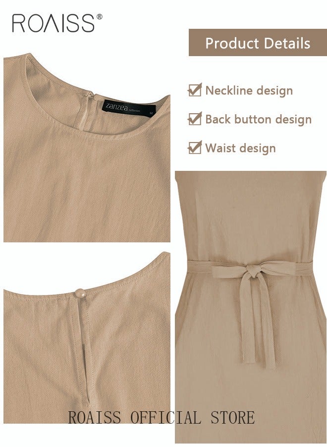 Ladies Comfortable High-Waist Dress for Daily Commute - Sleeveless Cotton Linen Dress with Simple Design and Soothing Solid Color Featuring Waist Design and Round Neckline