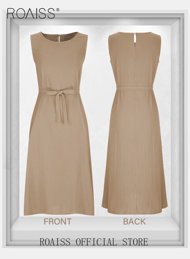 Ladies Comfortable High-Waist Dress for Daily Commute - Sleeveless Cotton Linen Dress with Simple Design and Soothing Solid Color Featuring Waist Design and Round Neckline
