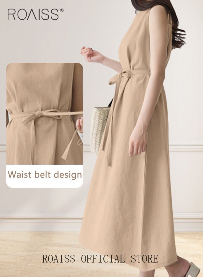 Ladies Comfortable High-Waist Dress for Daily Commute - Sleeveless Cotton Linen Dress with Simple Design and Soothing Solid Color Featuring Waist Design and Round Neckline