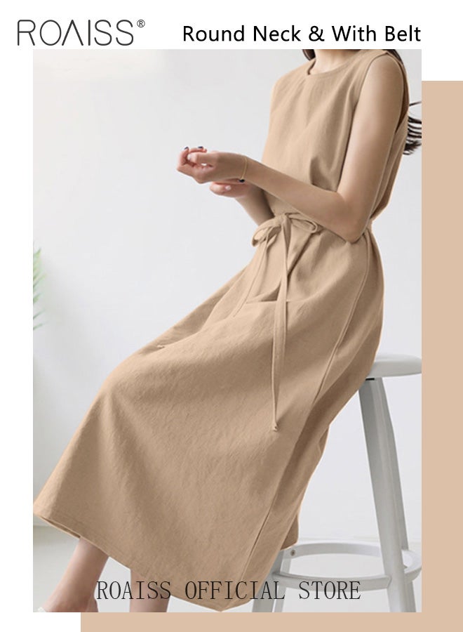 Ladies Comfortable High-Waist Dress for Daily Commute - Sleeveless Cotton Linen Dress with Simple Design and Soothing Solid Color Featuring Waist Design and Round Neckline