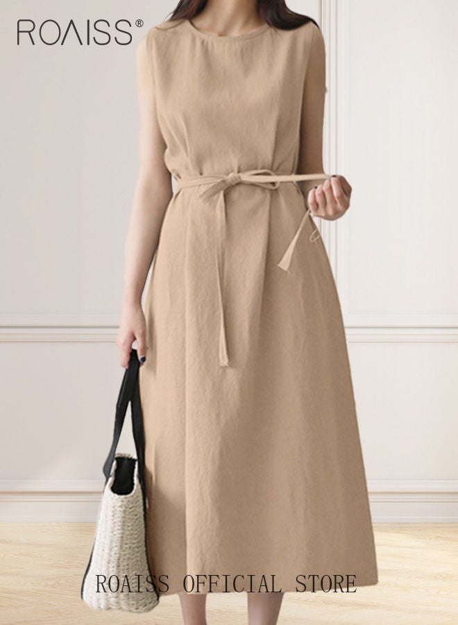 Ladies Comfortable High-Waist Dress for Daily Commute - Sleeveless Cotton Linen Dress with Simple Design and Soothing Solid Color Featuring Waist Design and Round Neckline