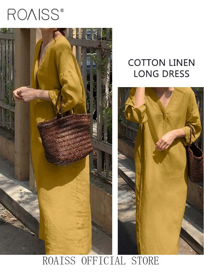 Ladies Stylish V Neckline Dress for Daily Commute Long Sleeve Cotton Linen Dress with Simple Design and Soothing Solid Color Featuring High Waist