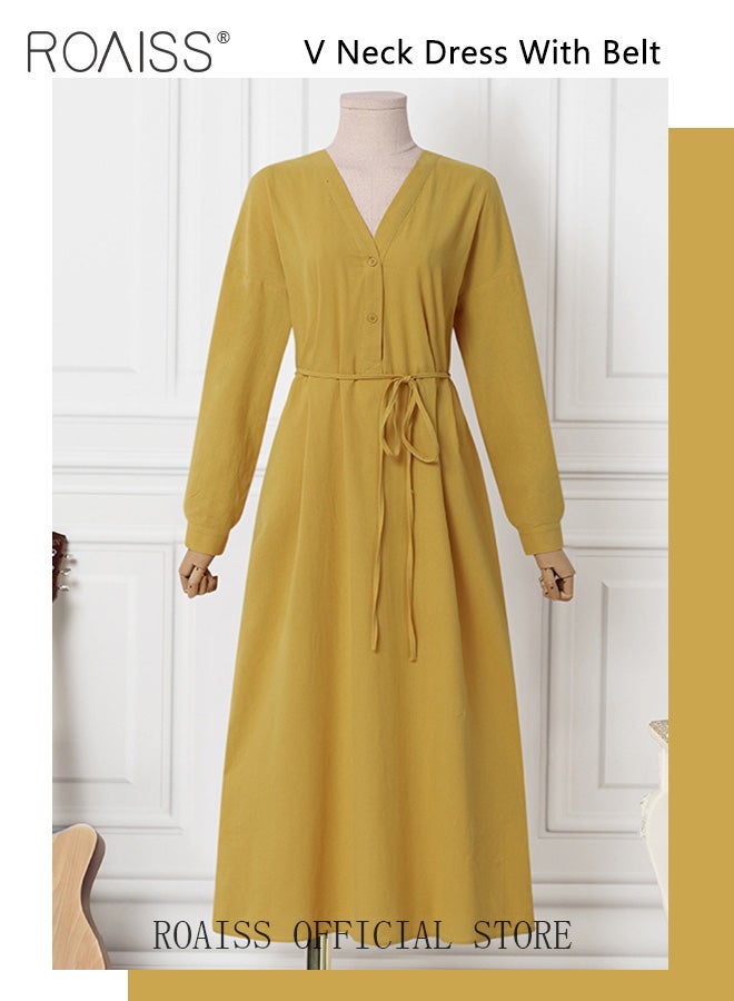 Ladies Stylish V Neckline Dress for Daily Commute Long Sleeve Cotton Linen Dress with Simple Design and Soothing Solid Color Featuring High Waist