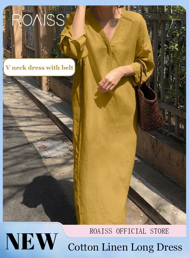 Ladies Stylish V Neckline Dress for Daily Commute Long Sleeve Cotton Linen Dress with Simple Design and Soothing Solid Color Featuring High Waist