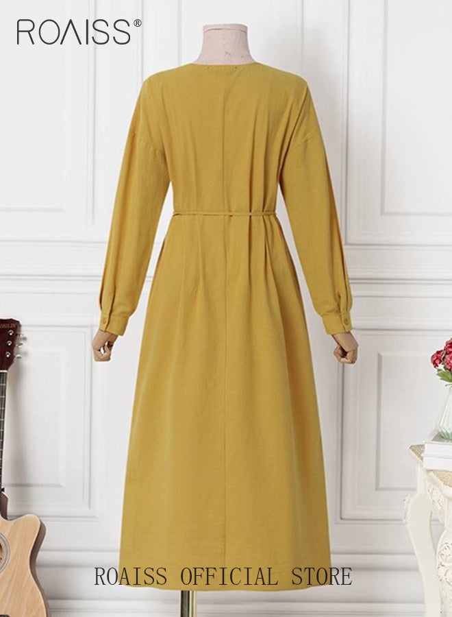 Ladies Stylish V Neckline Dress for Daily Commute Long Sleeve Cotton Linen Dress with Simple Design and Soothing Solid Color Featuring High Waist