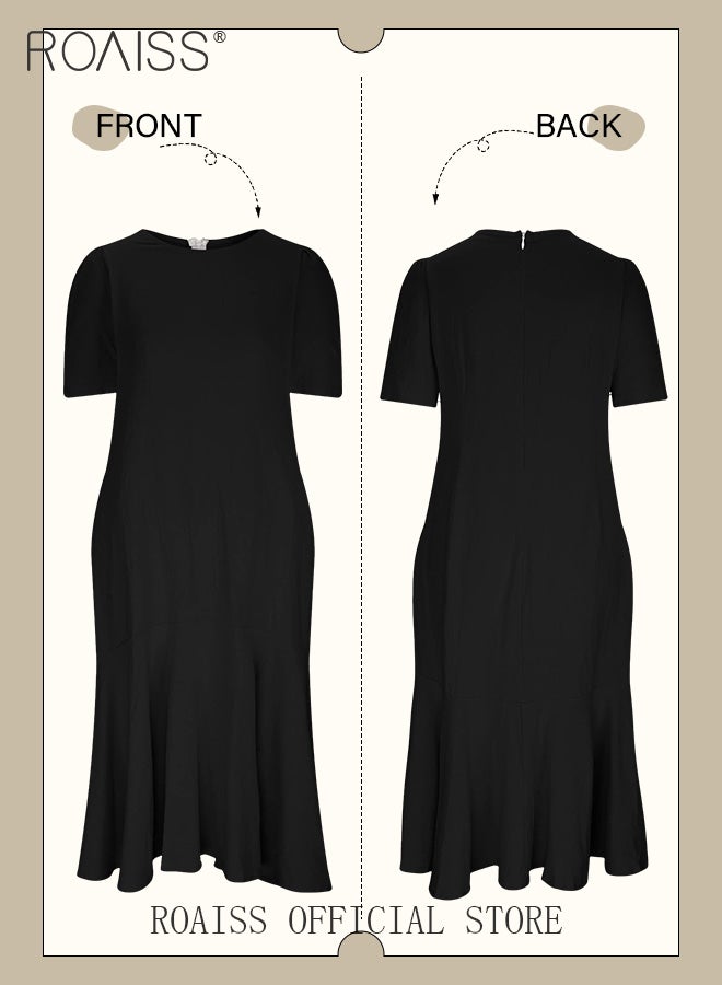 Ladies Comfortable Puff Sleeve Dress for Daily Commute - Round Neckline Cotton Linen Dress with Simple Design and Soothing Solid Color Featuring High Waist