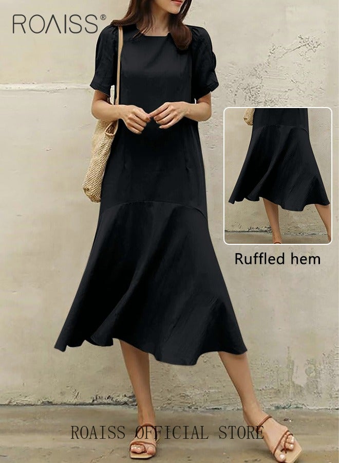 Ladies Comfortable Puff Sleeve Dress for Daily Commute - Round Neckline Cotton Linen Dress with Simple Design and Soothing Solid Color Featuring High Waist