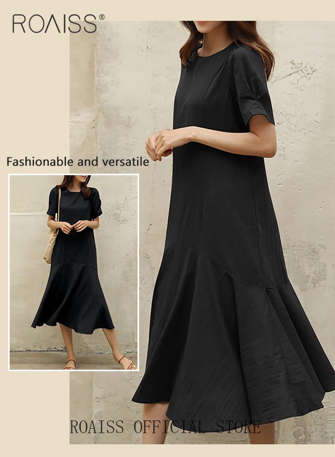 Ladies Comfortable Puff Sleeve Dress for Daily Commute - Round Neckline Cotton Linen Dress with Simple Design and Soothing Solid Color Featuring High Waist