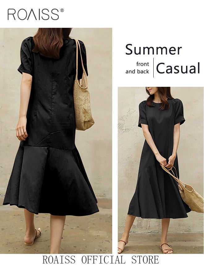 Ladies Comfortable Puff Sleeve Dress for Daily Commute - Round Neckline Cotton Linen Dress with Simple Design and Soothing Solid Color Featuring High Waist