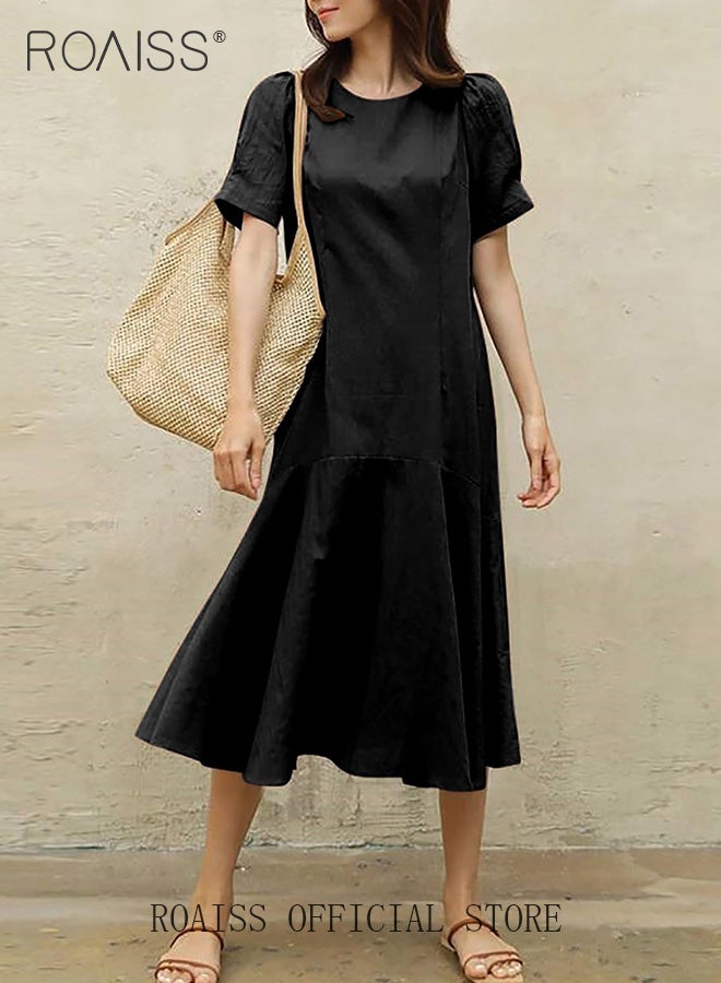 Ladies Comfortable Puff Sleeve Dress for Daily Commute - Round Neckline Cotton Linen Dress with Simple Design and Soothing Solid Color Featuring High Waist