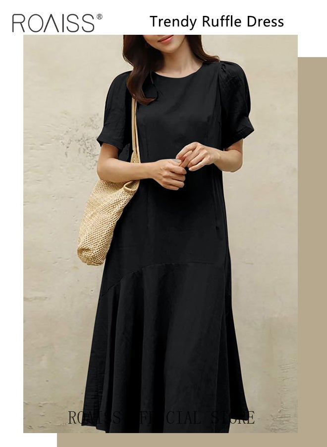 Ladies Comfortable Puff Sleeve Dress for Daily Commute - Round Neckline Cotton Linen Dress with Simple Design and Soothing Solid Color Featuring High Waist