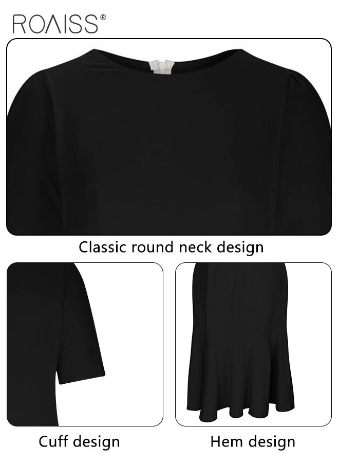 Ladies Comfortable Puff Sleeve Dress for Daily Commute - Round Neckline Cotton Linen Dress with Simple Design and Soothing Solid Color Featuring High Waist