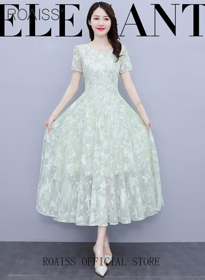 Women Lace Dress V Neck Dress Formal Elegant Dress Party Short Sleeve Dress Solid Color Summer Beach Dress Elegant Chiffon Dresses