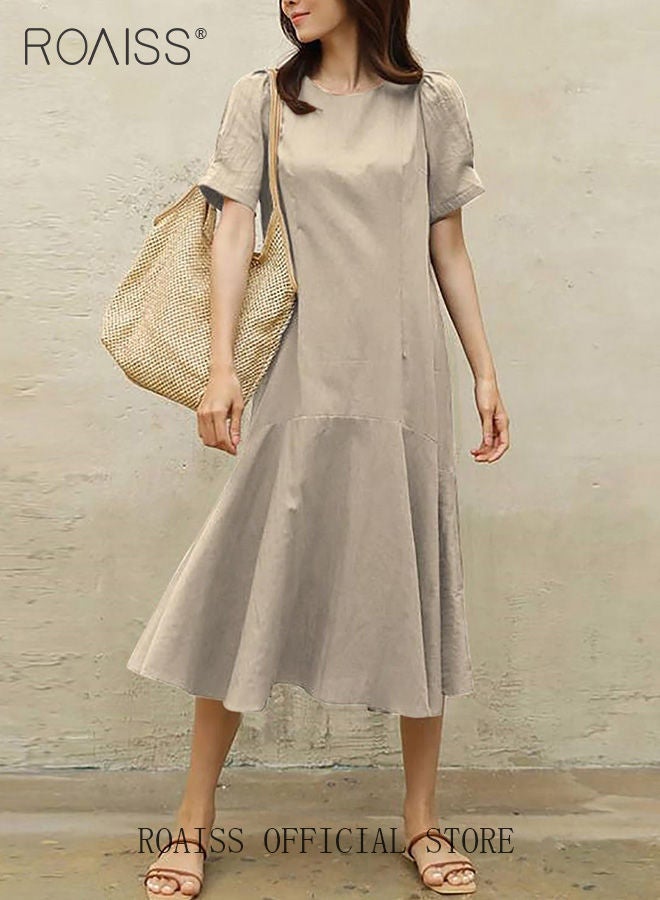 Ladies Comfortable Puff Sleeve Dress for Daily Commute Round Neckline Cotton Linen Dress with Simple Design and Soothing Solid Color Featuring High Waist