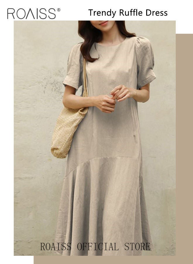 Ladies Comfortable Puff Sleeve Dress for Daily Commute Round Neckline Cotton Linen Dress with Simple Design and Soothing Solid Color Featuring High Waist