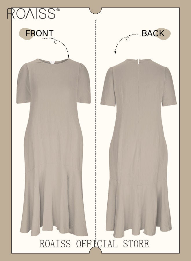 Ladies Comfortable Puff Sleeve Dress for Daily Commute Round Neckline Cotton Linen Dress with Simple Design and Soothing Solid Color Featuring High Waist