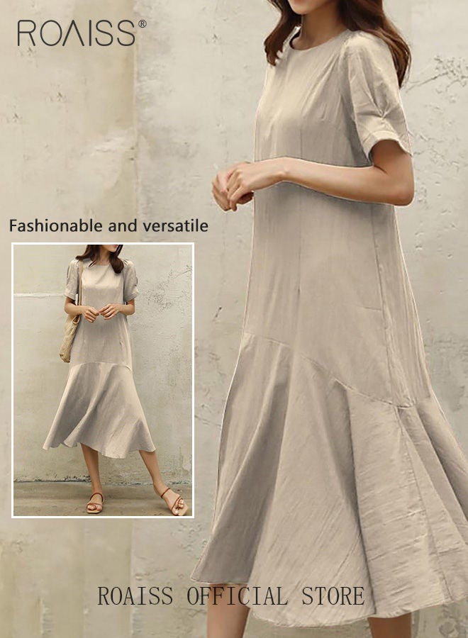 Ladies Comfortable Puff Sleeve Dress for Daily Commute Round Neckline Cotton Linen Dress with Simple Design and Soothing Solid Color Featuring High Waist