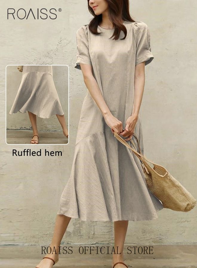 Ladies Comfortable Puff Sleeve Dress for Daily Commute Round Neckline Cotton Linen Dress with Simple Design and Soothing Solid Color Featuring High Waist