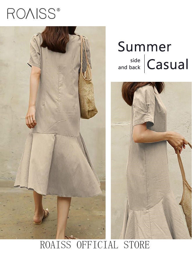 Ladies Comfortable Puff Sleeve Dress for Daily Commute Round Neckline Cotton Linen Dress with Simple Design and Soothing Solid Color Featuring High Waist