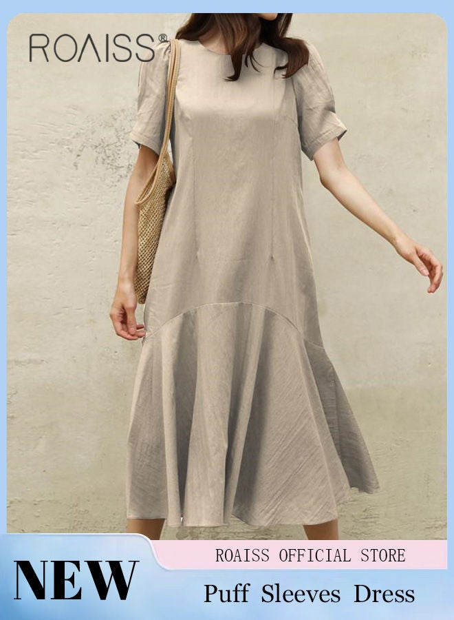 Ladies Comfortable Puff Sleeve Dress for Daily Commute Round Neckline Cotton Linen Dress with Simple Design and Soothing Solid Color Featuring High Waist