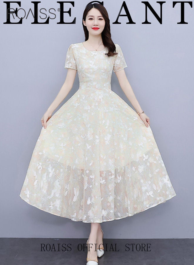 Women Lace Dress V Neck Dress Formal Elegant Dress Party Short Sleeve Dress Solid Color Summer Beach Dress Elegant Chiffon Dresses