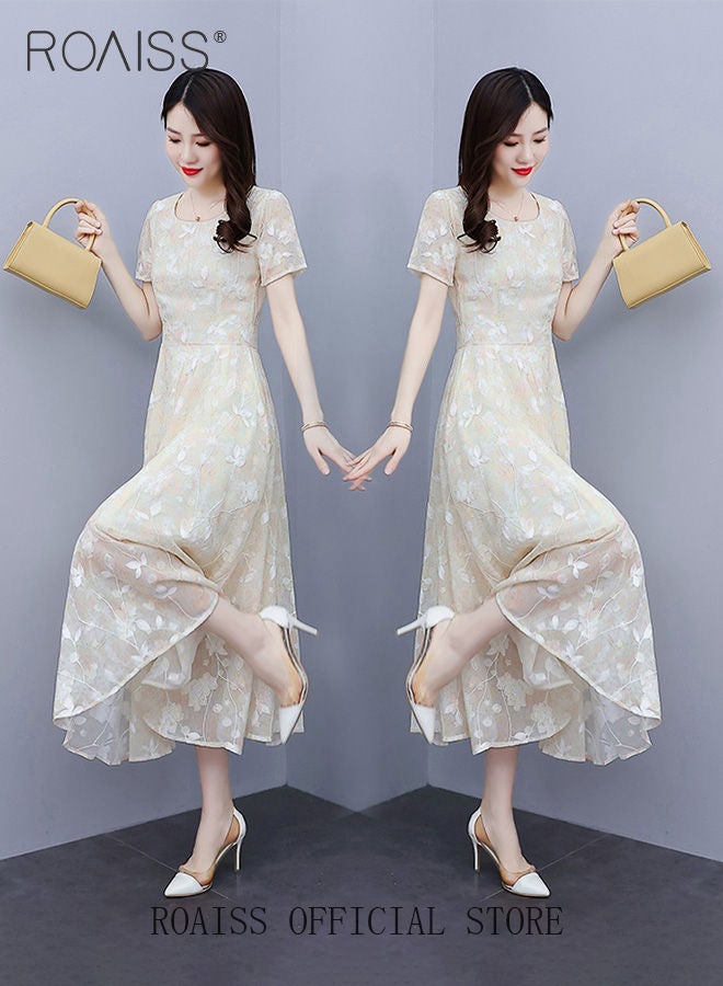 Women Lace Dress V Neck Dress Formal Elegant Dress Party Short Sleeve Dress Solid Color Summer Beach Dress Elegant Chiffon Dresses
