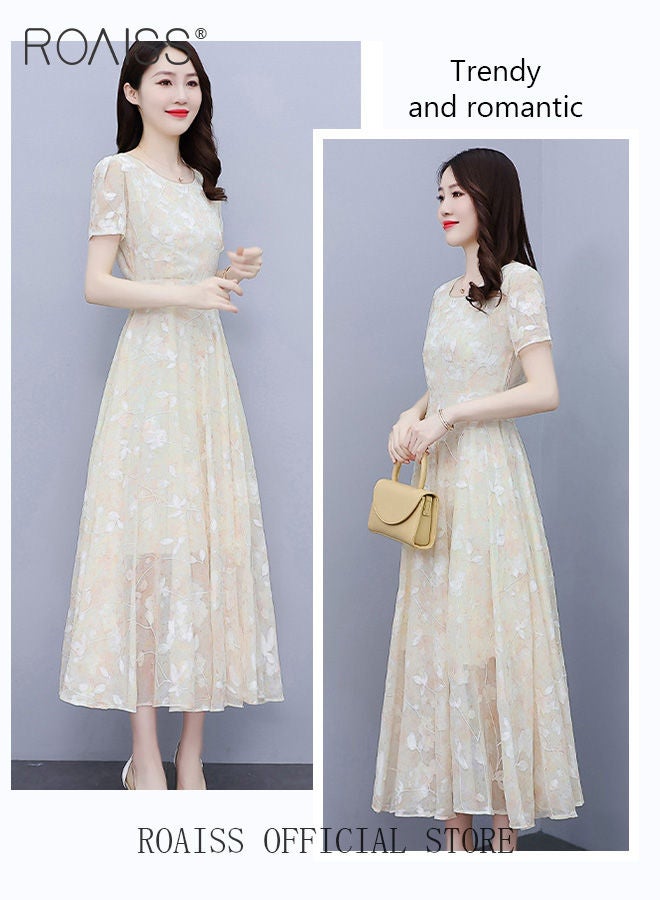 Women Lace Dress V Neck Dress Formal Elegant Dress Party Short Sleeve Dress Solid Color Summer Beach Dress Elegant Chiffon Dresses