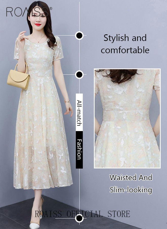 Women Lace Dress V Neck Dress Formal Elegant Dress Party Short Sleeve Dress Solid Color Summer Beach Dress Elegant Chiffon Dresses