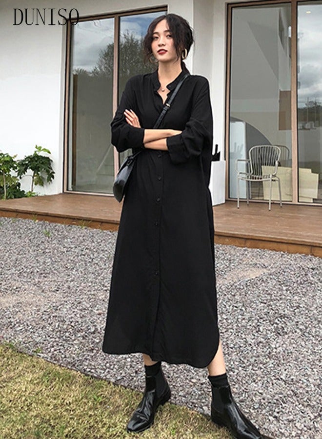 Women's Long Sleeve Maxi Dress V Neck Loose Casual Empire Waist Long Dresses Black