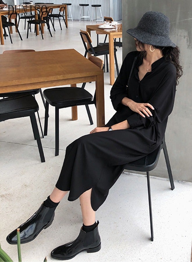 Women's Long Sleeve Maxi Dress V Neck Loose Casual Empire Waist Long Dresses Black