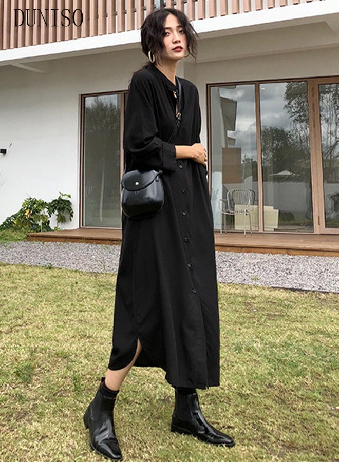 Women's Long Sleeve Maxi Dress V Neck Loose Casual Empire Waist Long Dresses Black