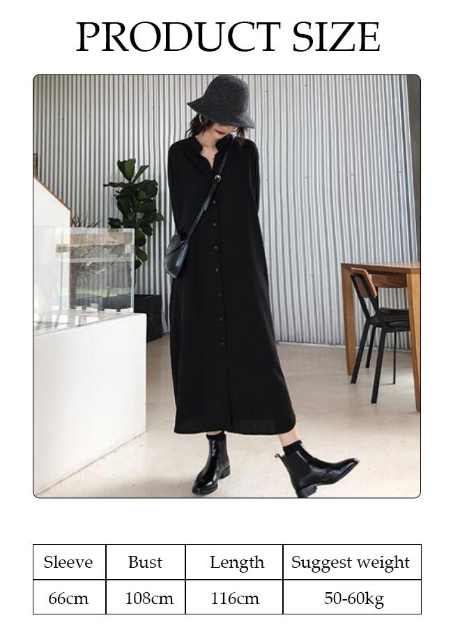 Women's Long Sleeve Maxi Dress V Neck Loose Casual Empire Waist Long Dresses Black