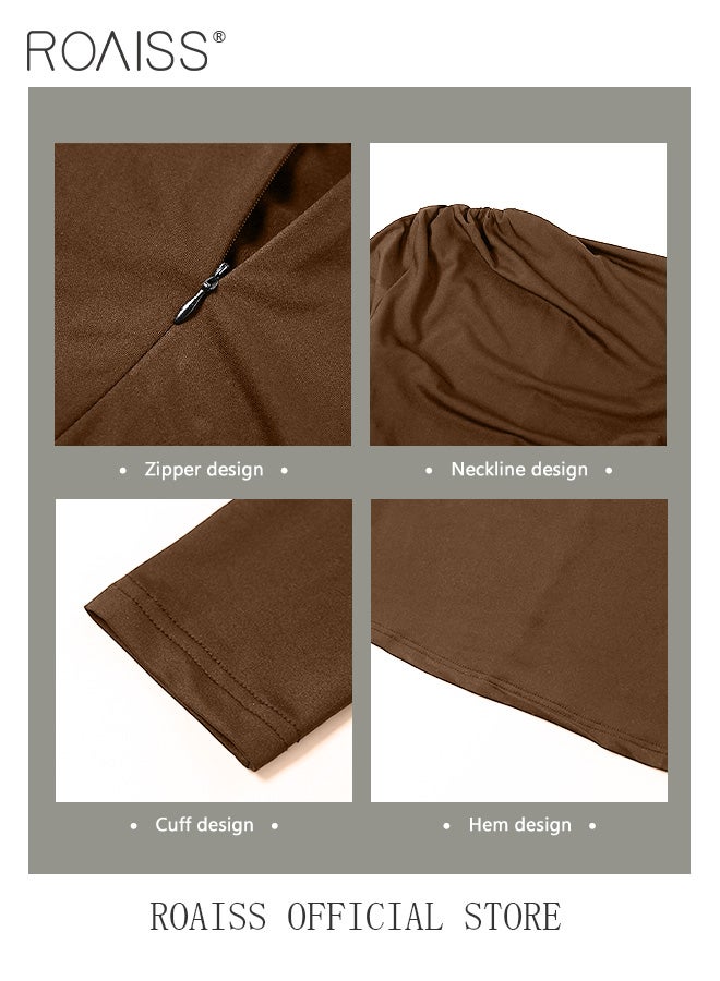 Temperament Round Neck Long Sleeved Slim Dresses for Women Elegant Ladies Pleated solid color long skirt