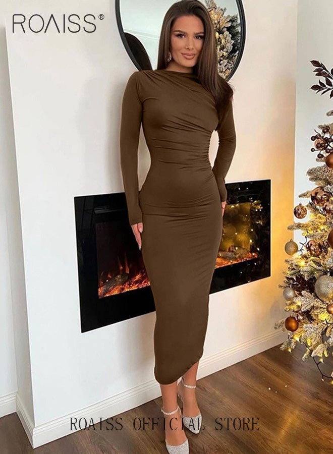 Temperament Round Neck Long Sleeved Slim Dresses for Women Elegant Ladies Pleated solid color long skirt