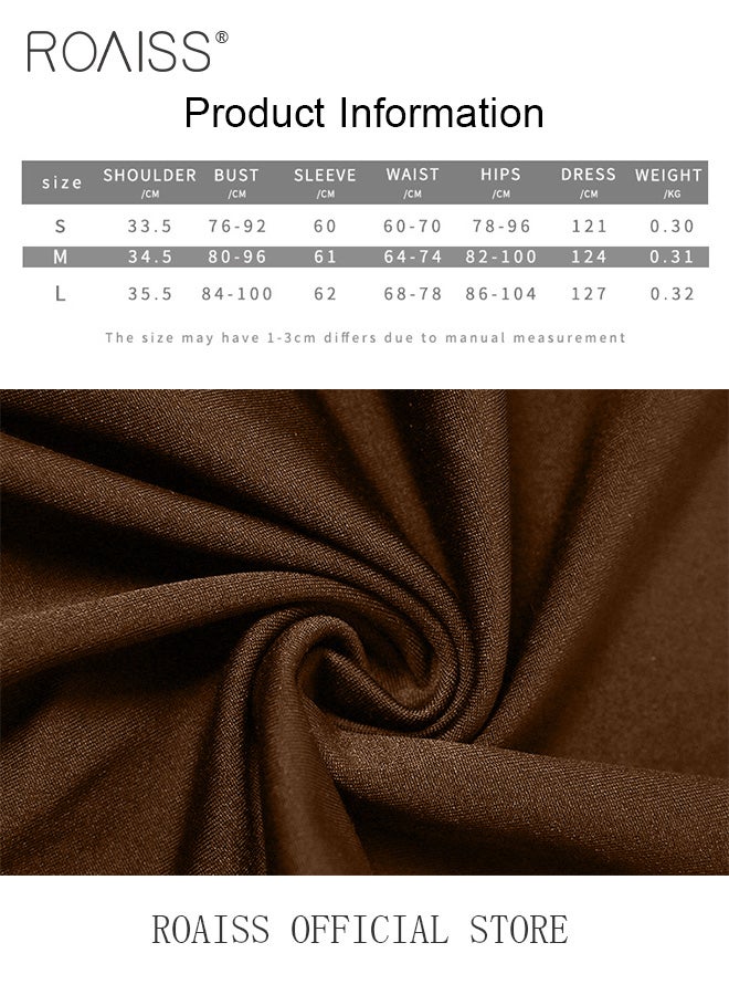 Temperament Round Neck Long Sleeved Slim Dresses for Women Elegant Ladies Pleated solid color long skirt