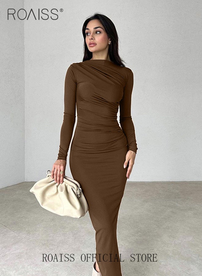 Temperament Round Neck Long Sleeved Slim Dresses for Women Elegant Ladies Pleated solid color long skirt