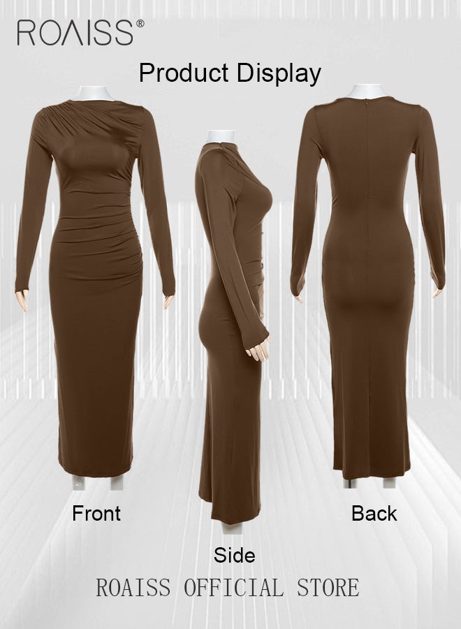 Temperament Round Neck Long Sleeved Slim Dresses for Women Elegant Ladies Pleated solid color long skirt