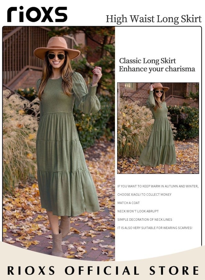 Women'sMaxi Dresses,Crew Neck Fall Dress,Casual Long Sleeve Bohemian Dresses,Relaxed Fit Tiered Dress For Women,Ladies A-Line Wrap Dress or Party/Wedding/Feast/Business/Daily Wear