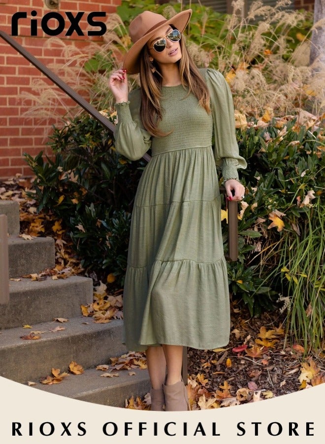 Women'sMaxi Dresses,Crew Neck Fall Dress,Casual Long Sleeve Bohemian Dresses,Relaxed Fit Tiered Dress For Women,Ladies A-Line Wrap Dress or Party/Wedding/Feast/Business/Daily Wear