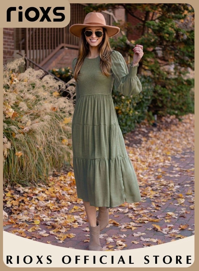 Women'sMaxi Dresses,Crew Neck Fall Dress,Casual Long Sleeve Bohemian Dresses,Relaxed Fit Tiered Dress For Women,Ladies A-Line Wrap Dress or Party/Wedding/Feast/Business/Daily Wear