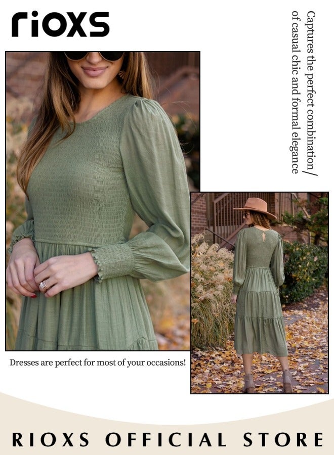 Women'sMaxi Dresses,Crew Neck Fall Dress,Casual Long Sleeve Bohemian Dresses,Relaxed Fit Tiered Dress For Women,Ladies A-Line Wrap Dress or Party/Wedding/Feast/Business/Daily Wear