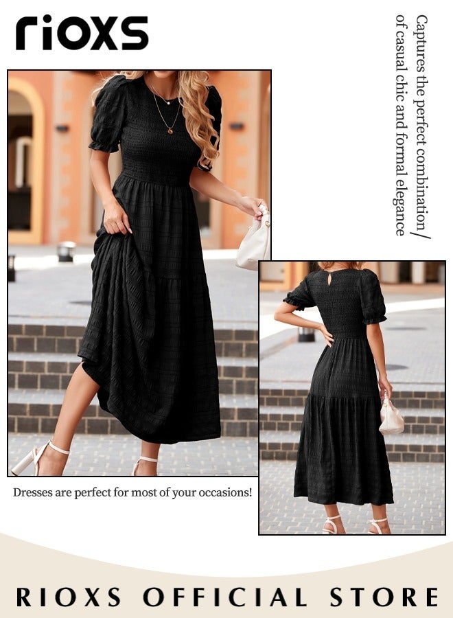 Women Casual Maxi Dress with Puff Sleeves, Flowy Elegant Dress, Chic High Waist A-line Dress, Long Dress with Flowing Layered Design and Ruffle Detail, Comfortable to Wear All Day