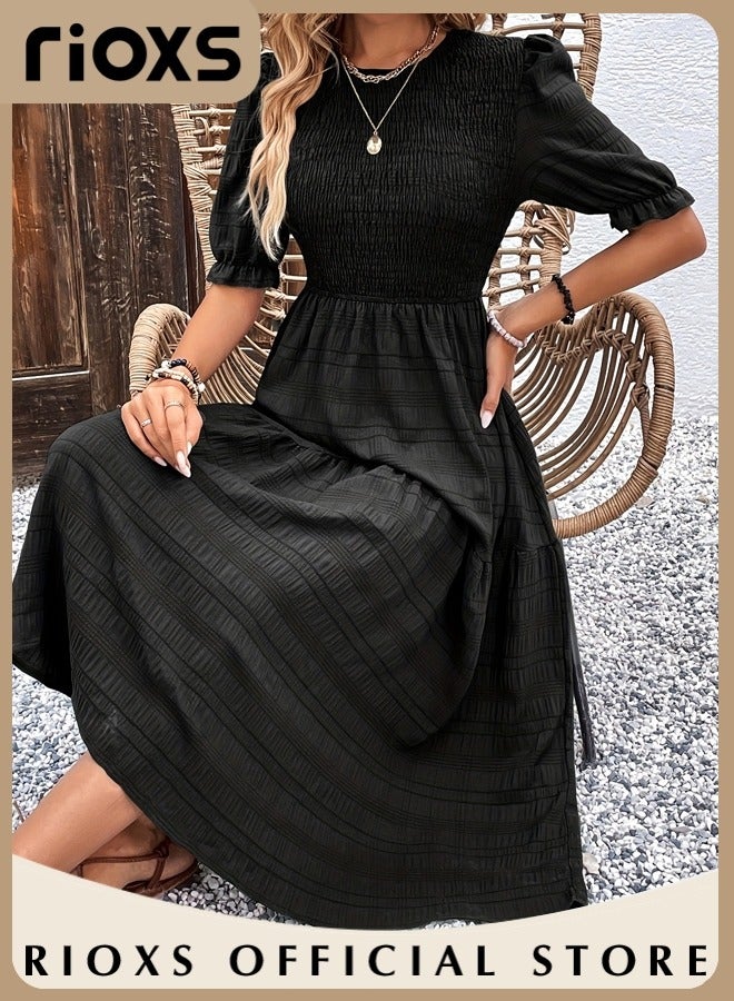 Women Casual Maxi Dress with Puff Sleeves, Flowy Elegant Dress, Chic High Waist A-line Dress, Long Dress with Flowing Layered Design and Ruffle Detail, Comfortable to Wear All Day