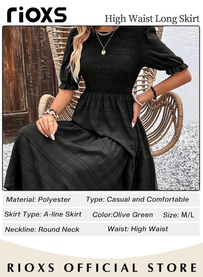 Women Casual Maxi Dress with Puff Sleeves, Flowy Elegant Dress, Chic High Waist A-line Dress, Long Dress with Flowing Layered Design and Ruffle Detail, Comfortable to Wear All Day